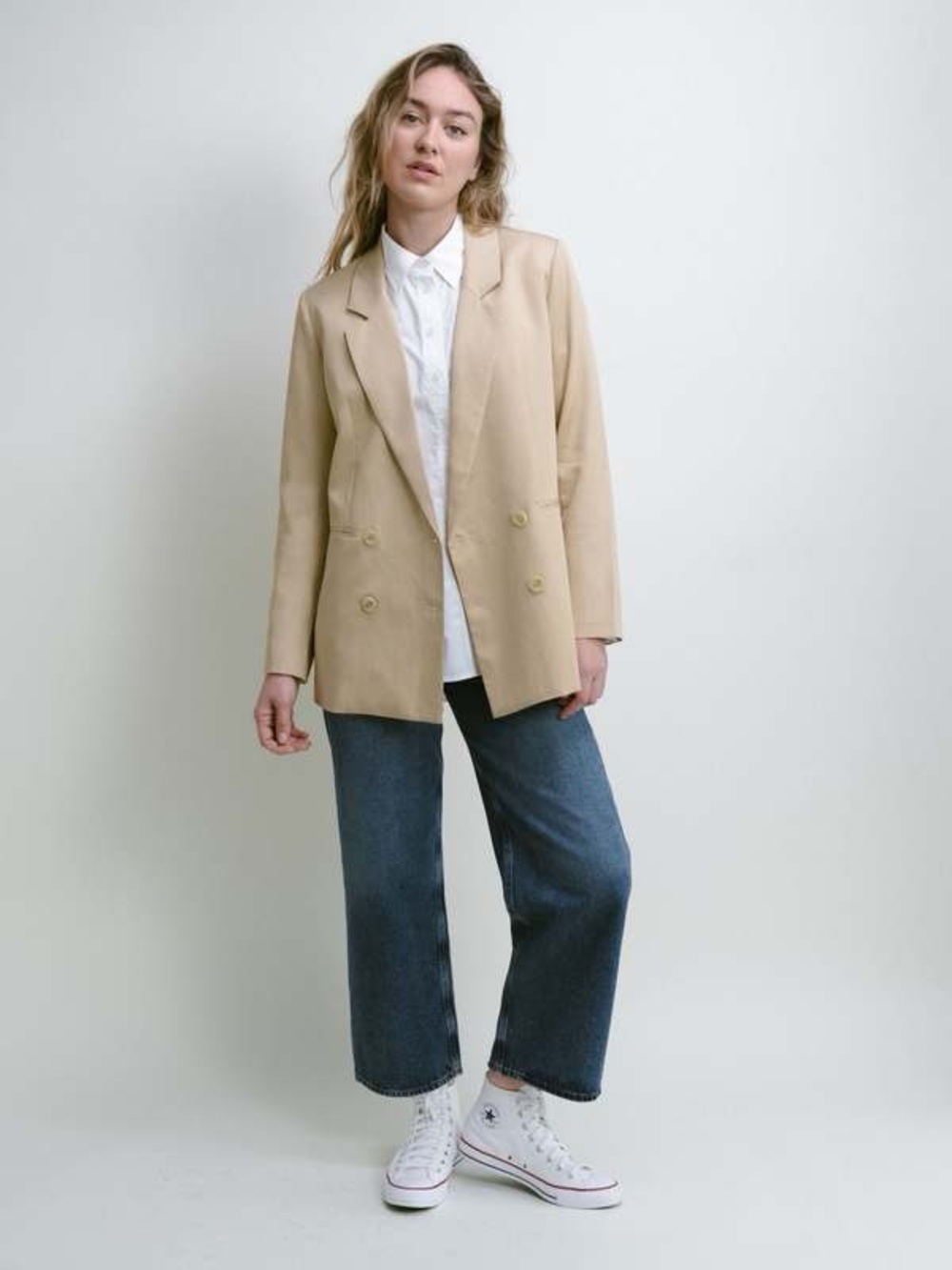 Darling Beige Double-Breasted Coast Blazer.